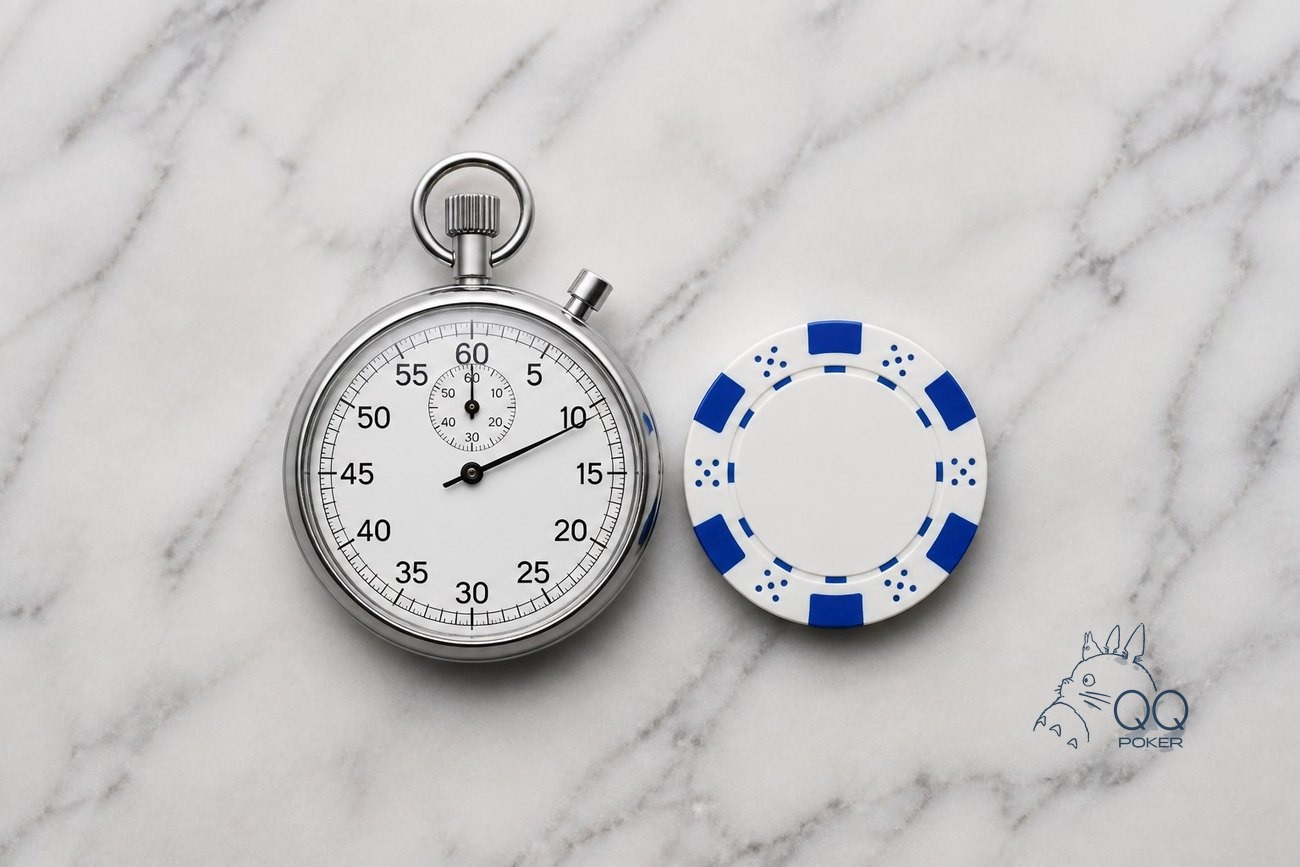 白色布面上一只秒表与一枚素面筹码并排平放，表盘刻度清晰